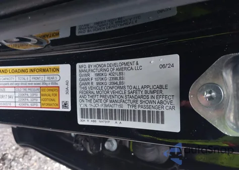 2024 Honda Accord Ex from USA, damaged, VIN 1HGCY1F39RA077150